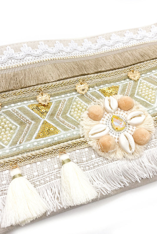 Nude Sequin Pearl Boho Clutch Bag