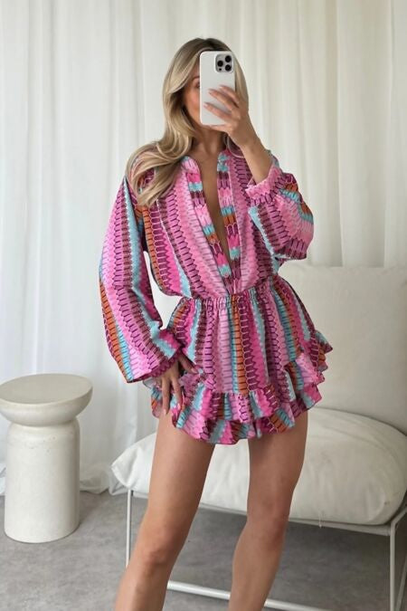 Pink Stripe Print Blouse And Frill Skort Set